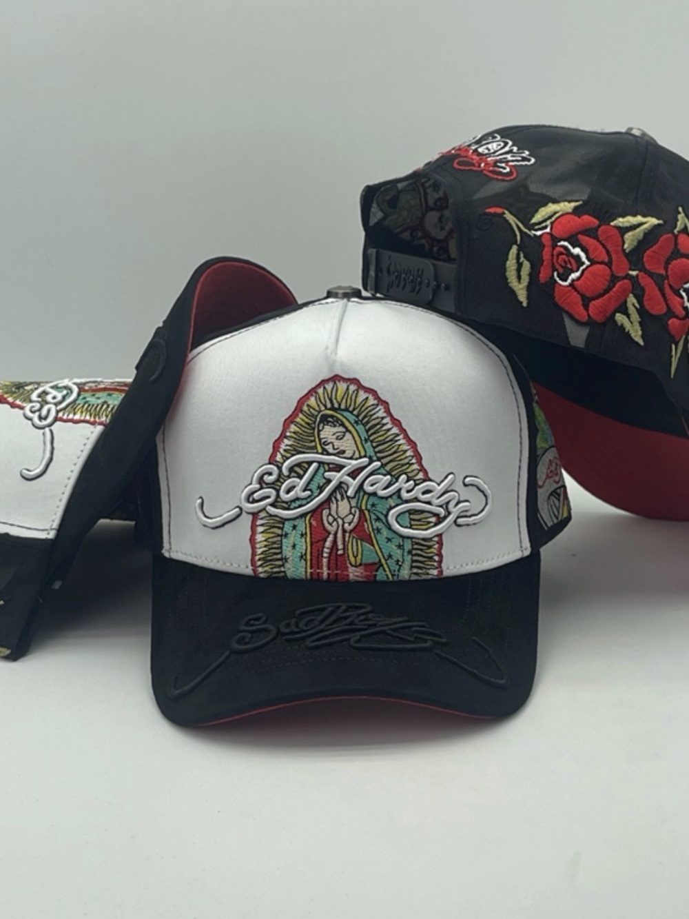 Black, White & Red Embroidered Virgen de Guadalupe Baseball Cap